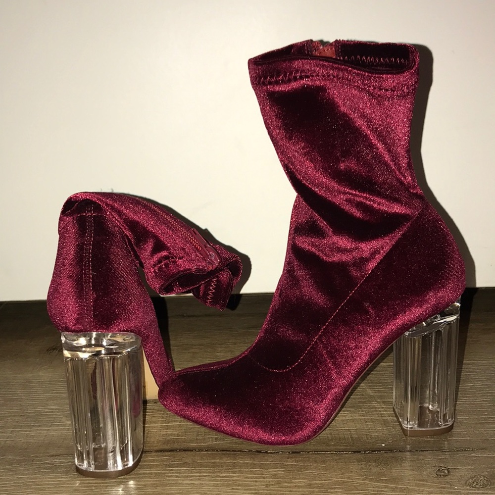 Red Velvet Booties with Clear Heel